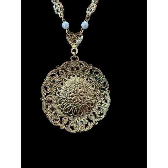 Vtg W Germany Gold-Tone Necklace Faux Turquoise & Pearl Filigree Pendant SIGNED - Picture 7 of 9